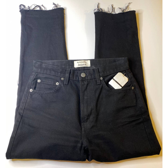 Reformation Julia High Cigarette Ankle Fray Jean Black Destroyed Womens Size 25 - Picture 2 of 4